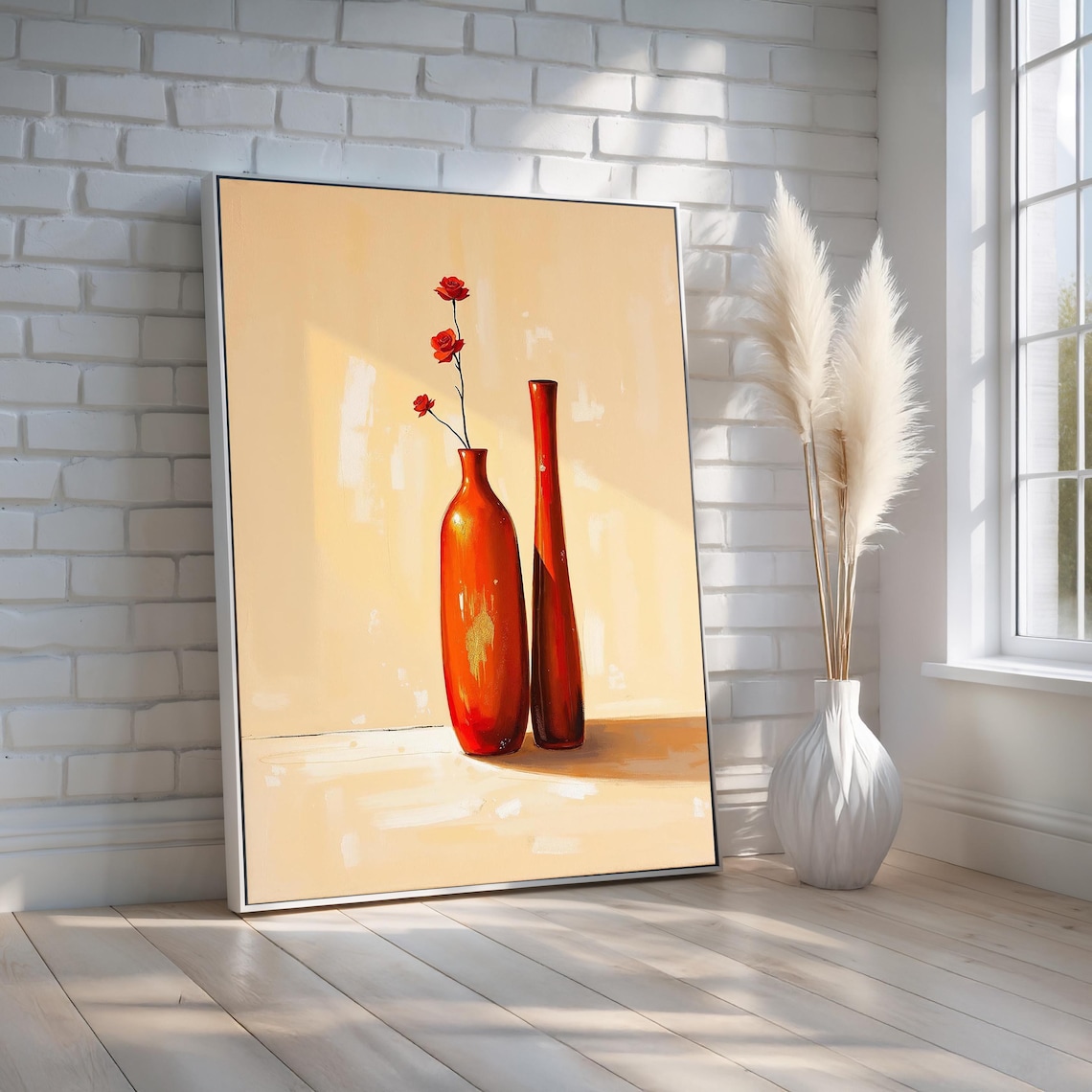 Bold Red Vases With Flowers Modern Still Life Painting Wall Art