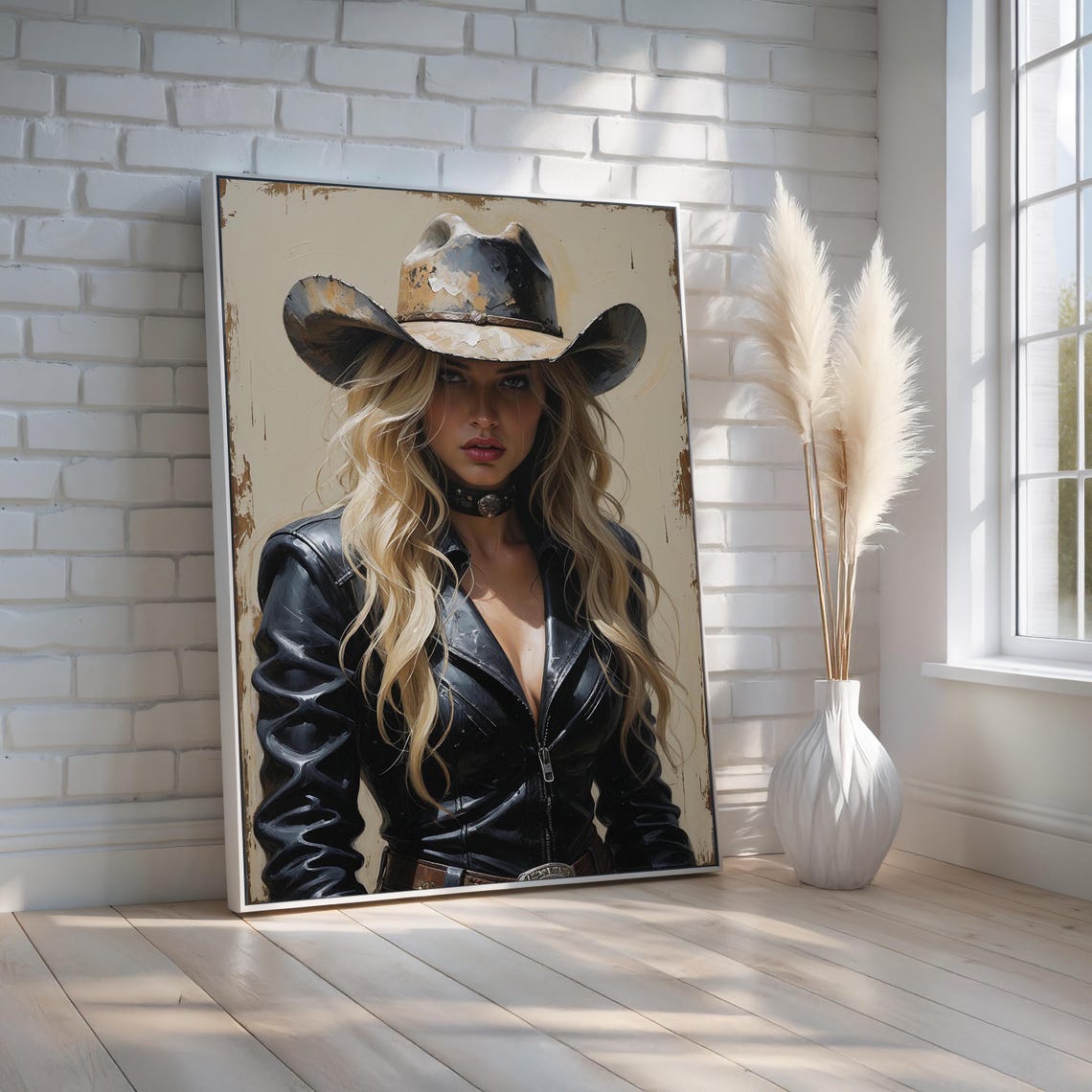 Blonde Cowgirl Wall Art Western Woman Portrait Poster Rustic Glam Fashion Decor Country Girl Canvas Print Ready To Hang