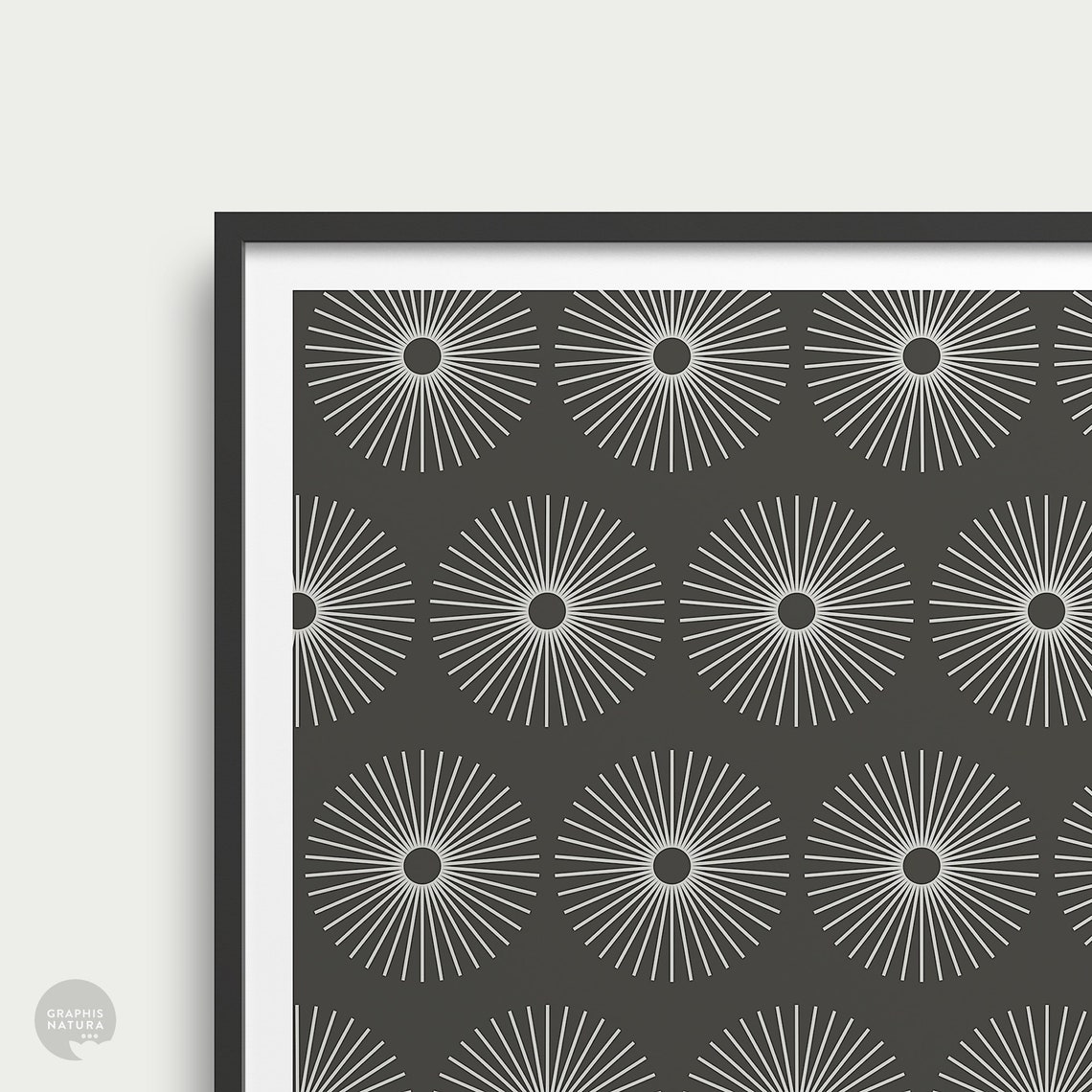 White Sunburst Flower Pattern on Charcoal Botanical Art Poster - Image 2