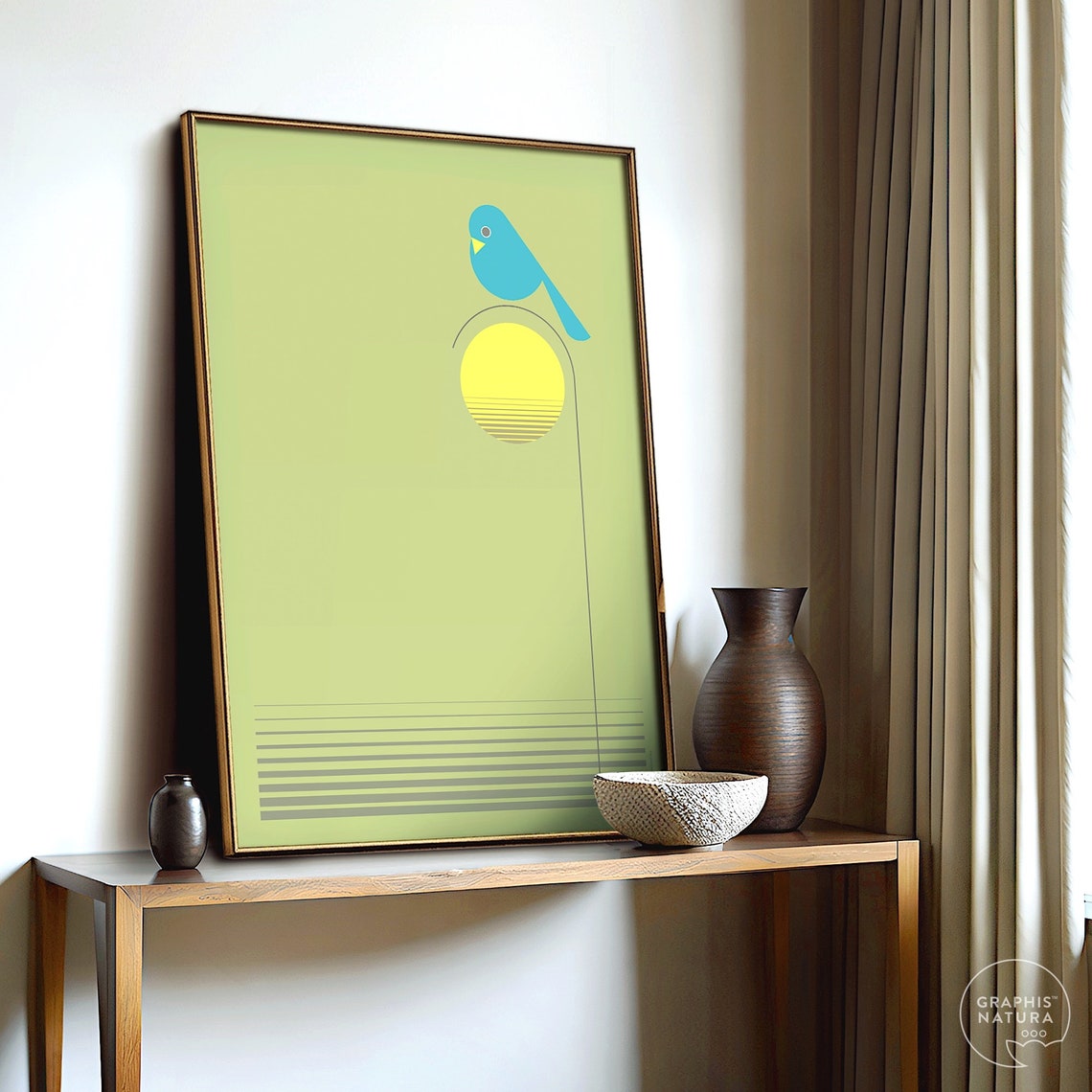 Blue Bird With Yellow Sun on Pale Green Minimalist Art Poster - Image 4