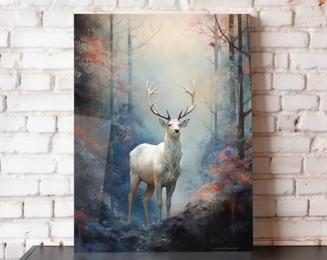 White Stag Deer In Misty Autumn Forest Cottagecore Woodland Art Poster