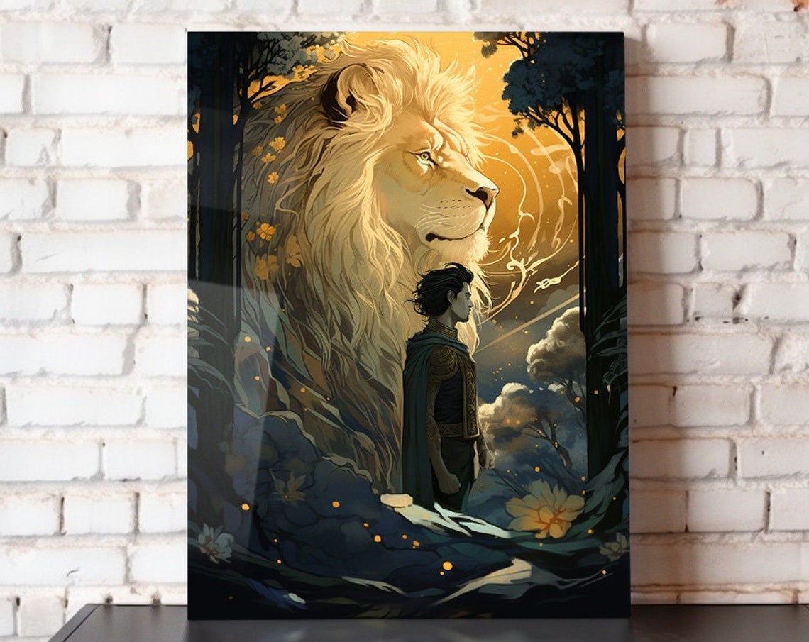 Aslan The Great Golden Lion With Boy Narnia Inspired Fantasy Poster