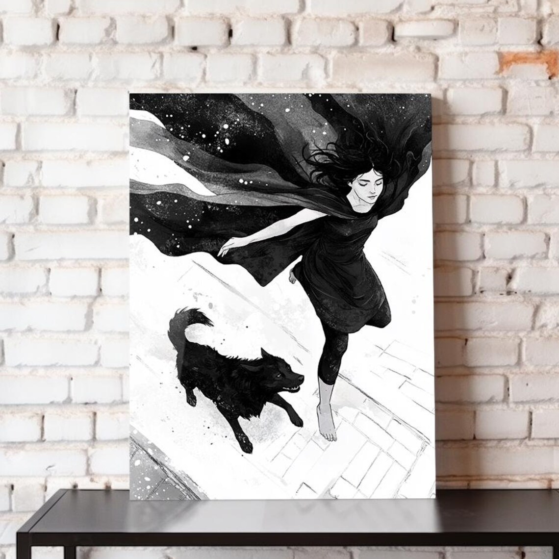 Woman And Black Wolf Walking Ink Drawing Black White Fantasy Art Poster