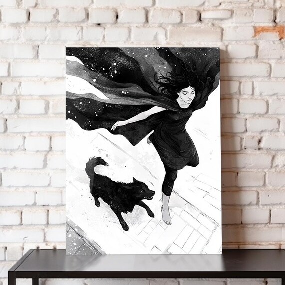 Woman And Black Wolf Walking Ink Drawing Black White Fantasy Art Poster