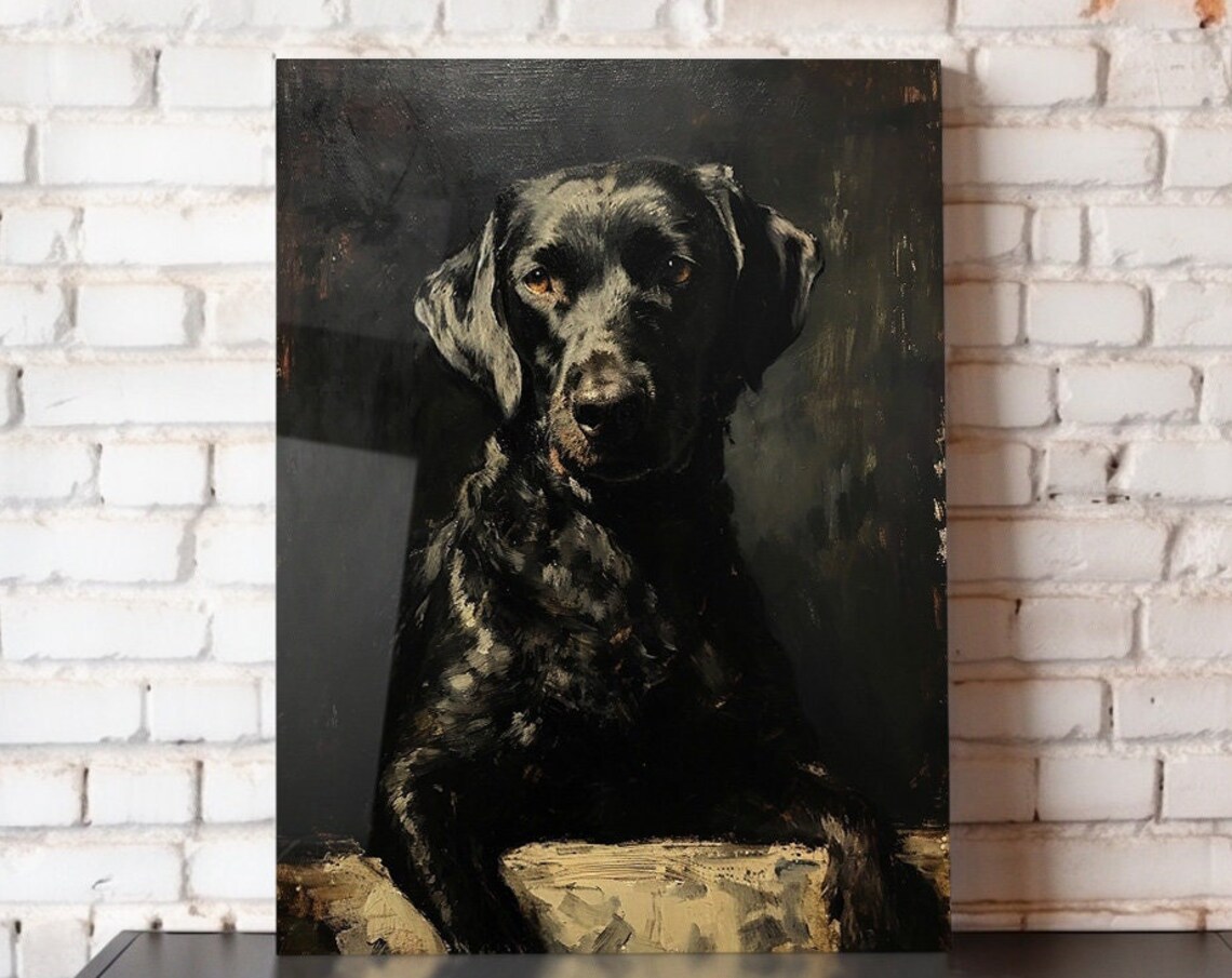 Black Dog Portrait Dark Academia Oil Painting Labrador Wall Art Poster
