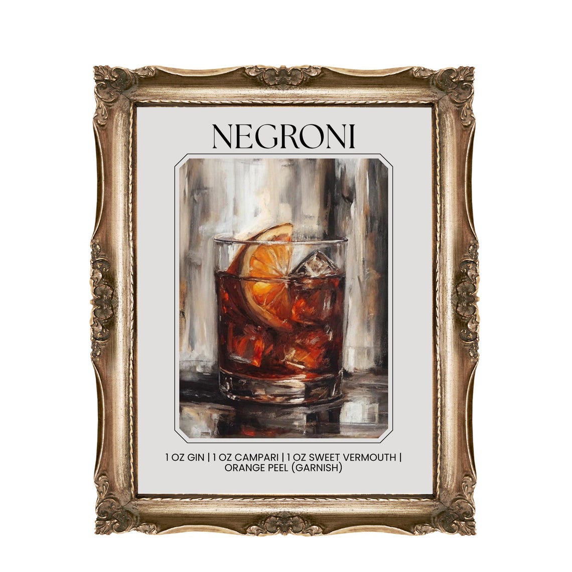 Negroni Cocktail Recipe Campari Orange Classic Bar Cart Poster