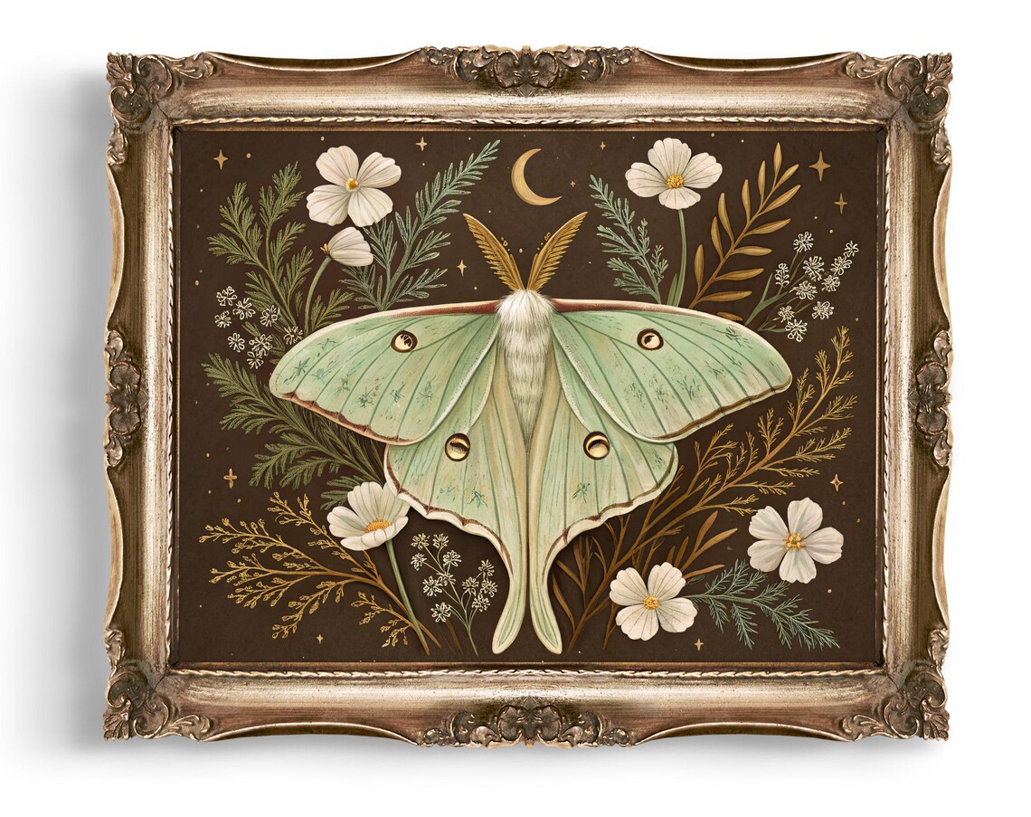 Green Luna Moth Moonlit Meadow Wildflowers Starry Night Art Poster