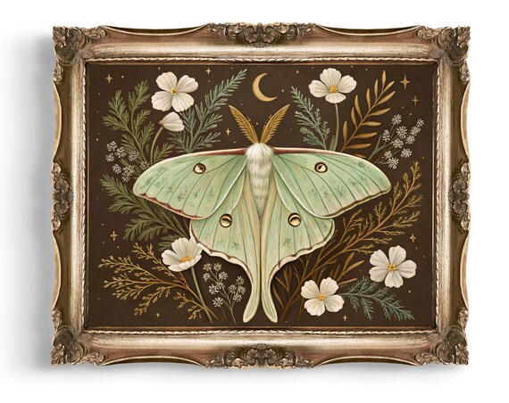 Green Luna Moth Moonlit Meadow Wildflowers Starry Night Art Poster