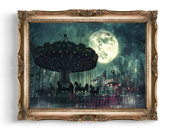 Vintage Creepy Carousel Wall Art Spooky Full Moon Print Dark Horse Ride Haunted Fairground Decor Grunge Carnival Scene