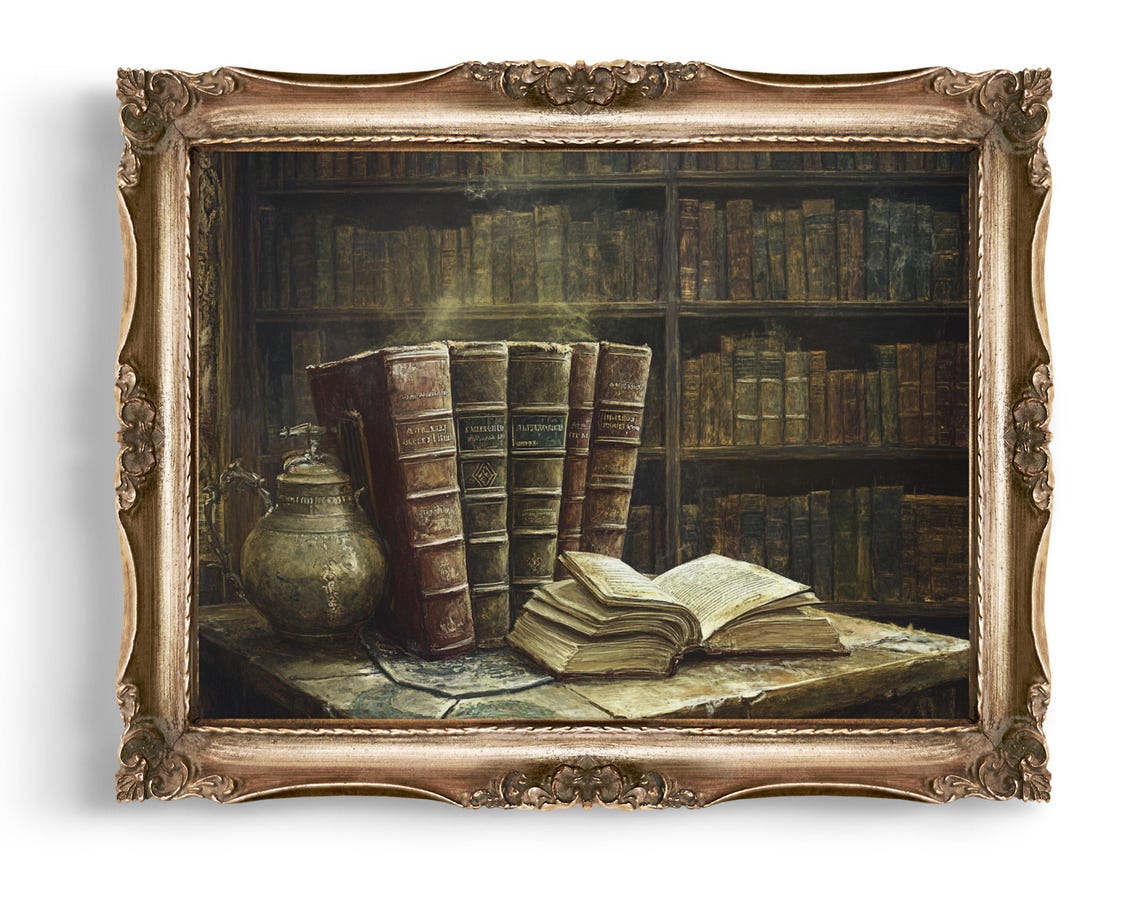 Antique Leather Books In Dark Old Library Vintage Still Life Poster