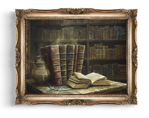Antique Leather Books In Dark Old Library Vintage Still Life Poster