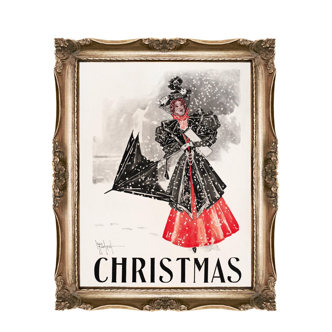 Edwardian Woman In Snow Vintage Christmas Fashion Art Poster