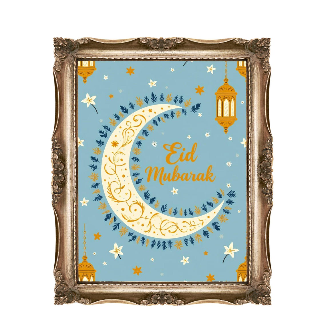 Eid Mubarak White Crescent Moon Light Blue Floral Islamic Wall Art