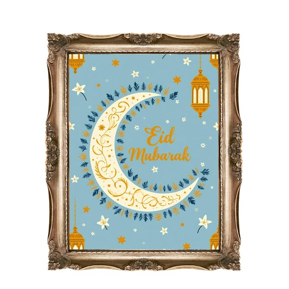 Eid Mubarak White Crescent Moon Light Blue Floral Islamic Wall Art