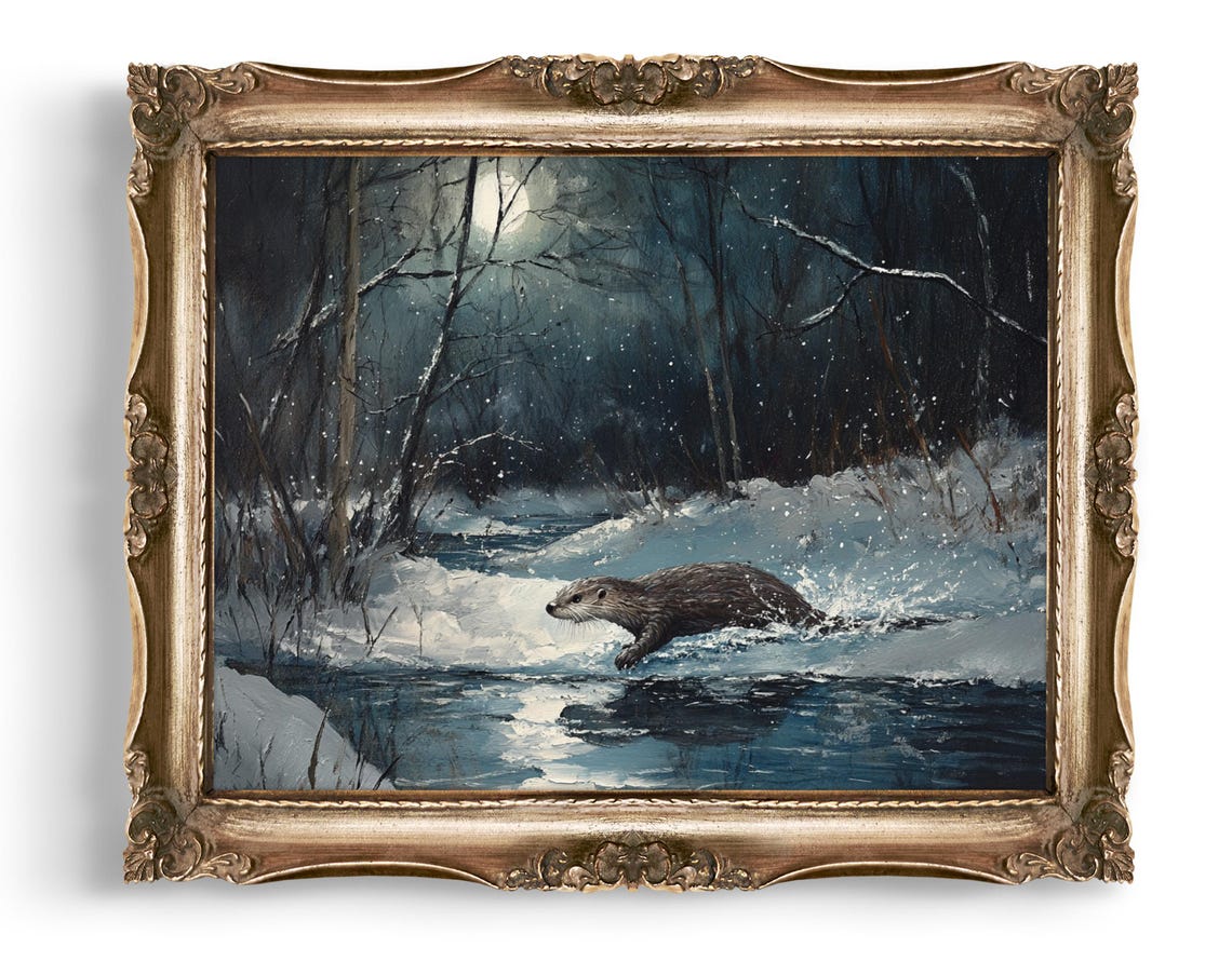 River Otter Swimming in Winter Snow Stream Wildlife Wall Art