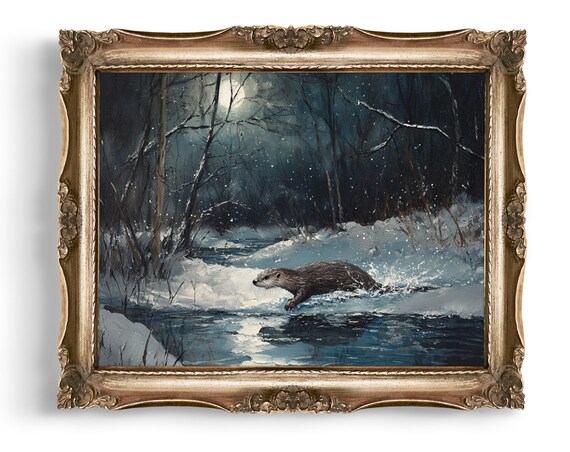 River Otter In Winter Art Wall Forest Animal Snow Scene Home Decor