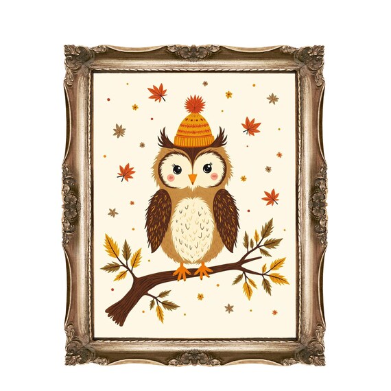 Cute Owl in Knit Beanie Autumn Falling Leaves Nursery Wall Art