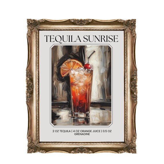 Tequila Sunrise Classic Cocktail Recipe Retro Painted Bar Art Print