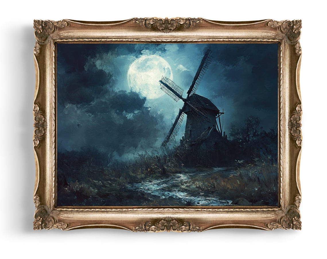 Creepy Windmill Wall Art Eerie Vintage Style Print Moonlit Landscape Painting Dark Gothic Decor