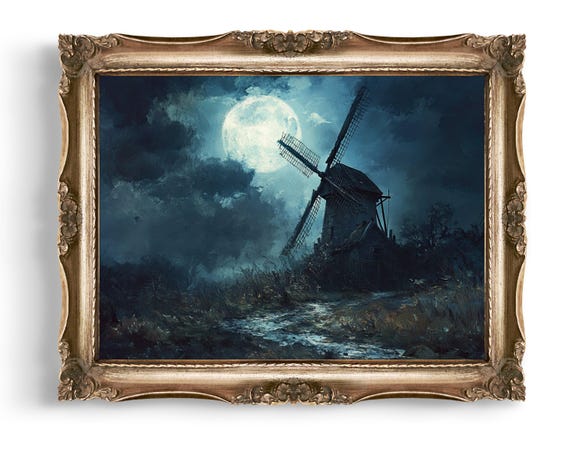 Creepy Windmill Wall Art Eerie Vintage Style Print Moonlit Landscape Painting Dark Gothic Decor