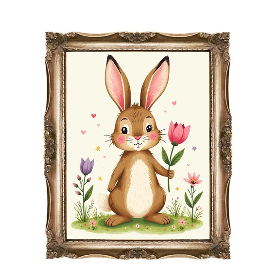 Cute Bunny Holding Pink Tulip Spring Flowers Nursery Wall Art