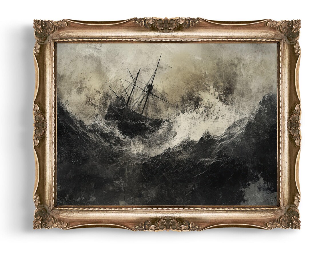 Tall Ship in Stormy Sea Dark Monochrome Ocean Seascape Art Poster