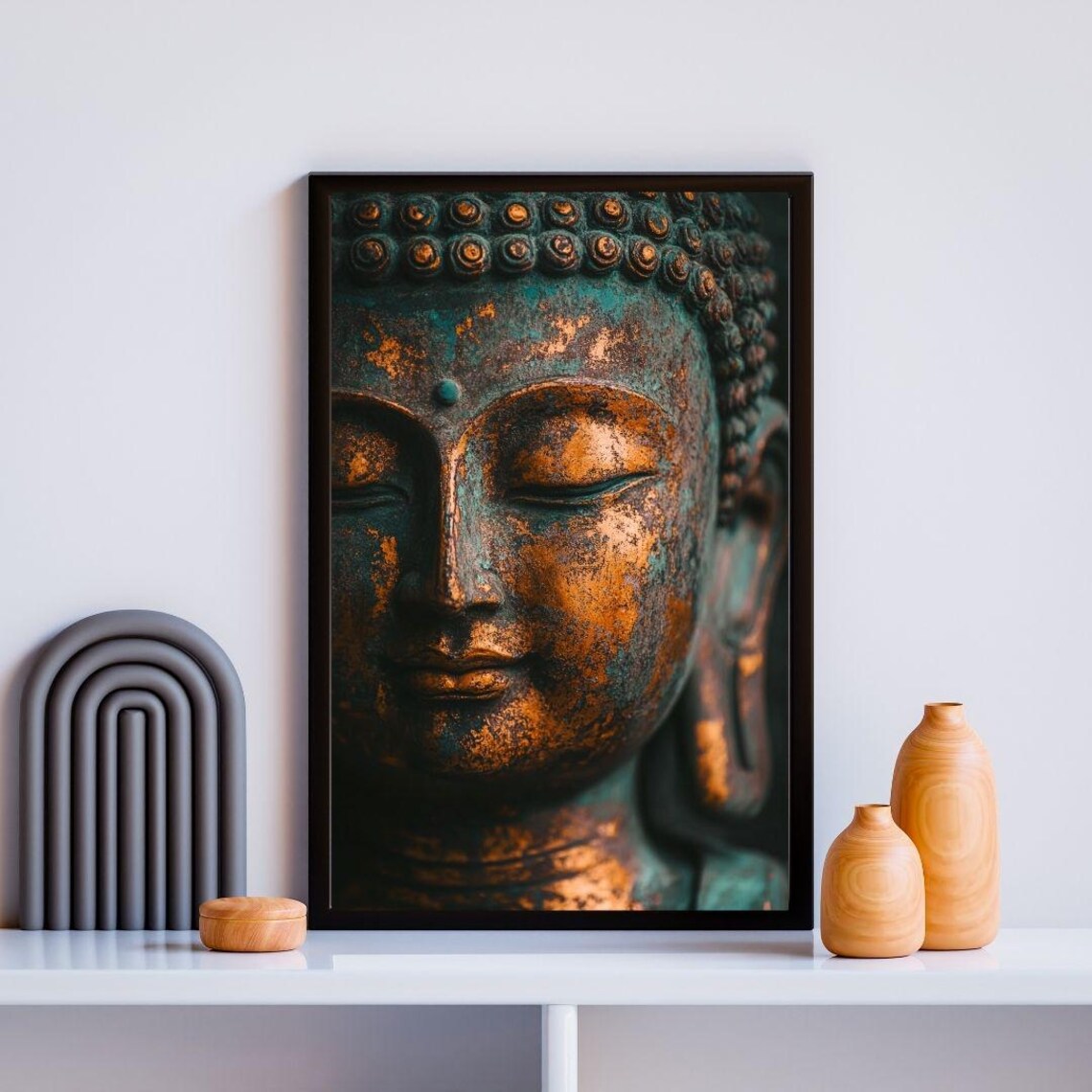 Buddha Face Close Up Weathered Bronze Teal Patina Zen Meditation Wall Poster - Image 2
