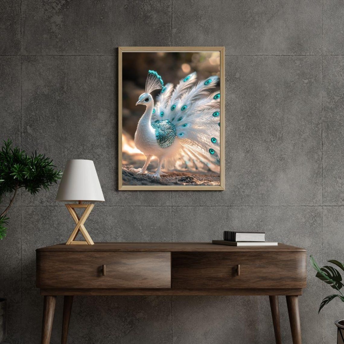 White Peacock Turquoise Feathers Elegant Bird Photography Art Poster - Image 3