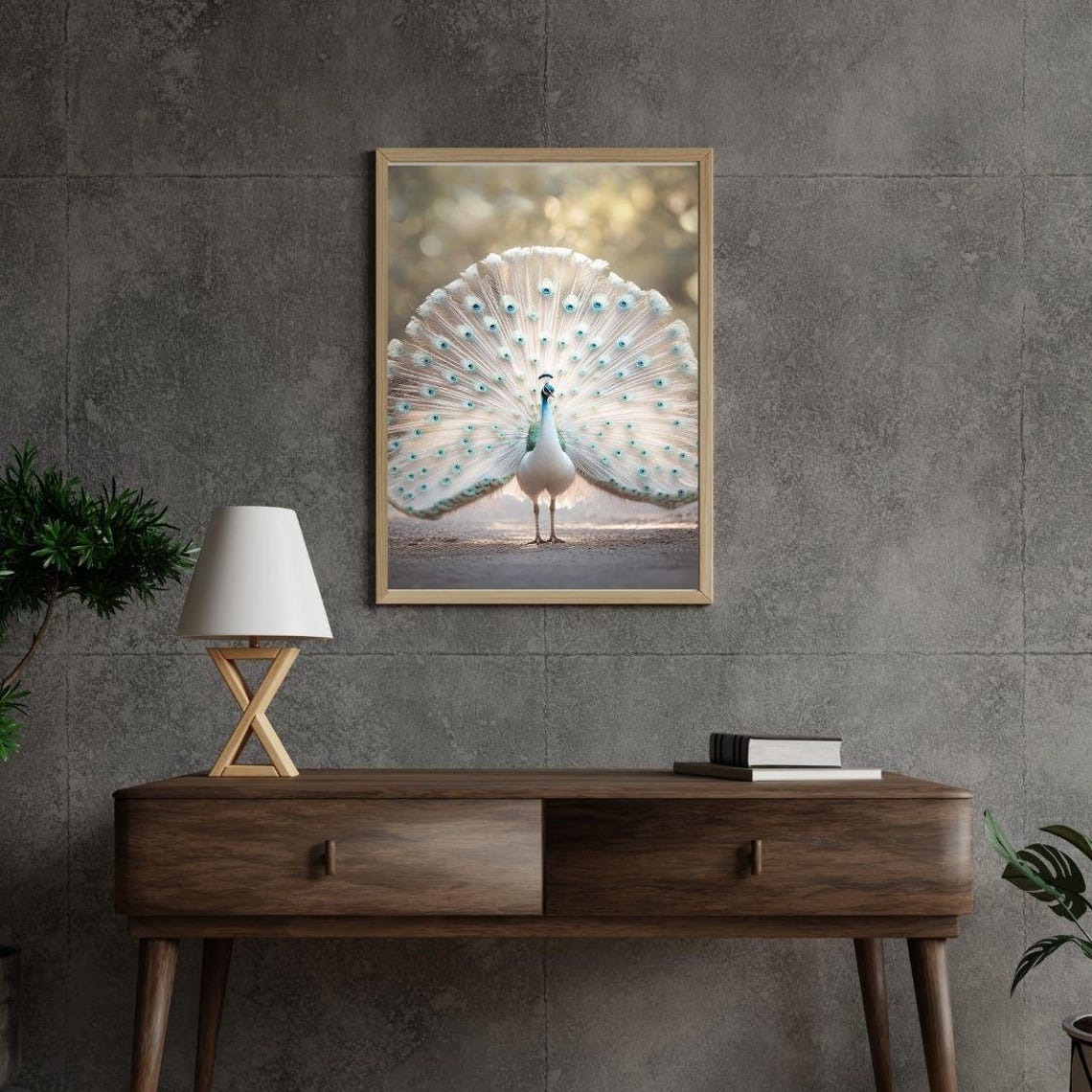 Majestic White Peacock Fanning Iridescent Tail Feathers Nature Poster - Image 3