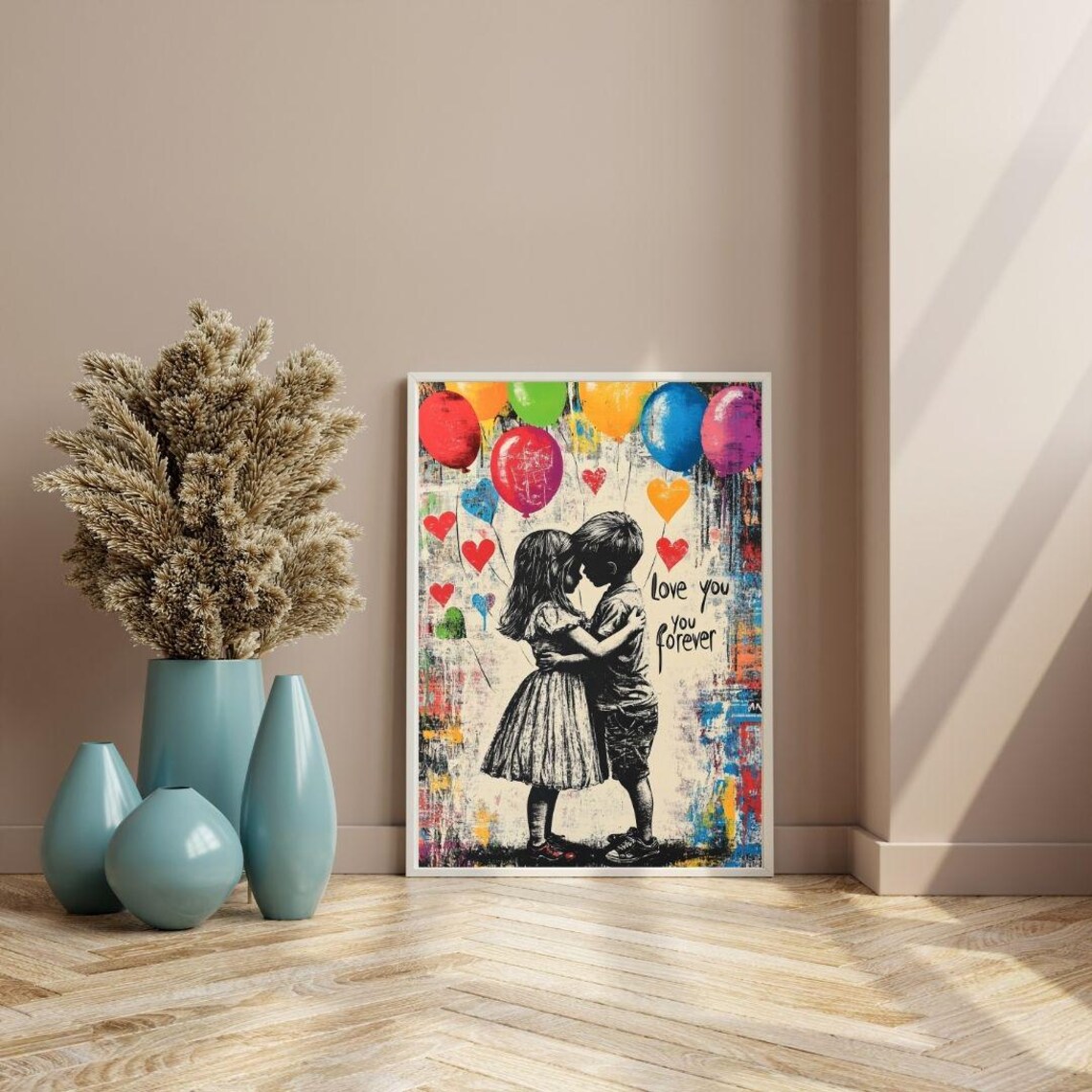 Love You Forever Kids With Balloons Colorful Street Art Poster - Image 3