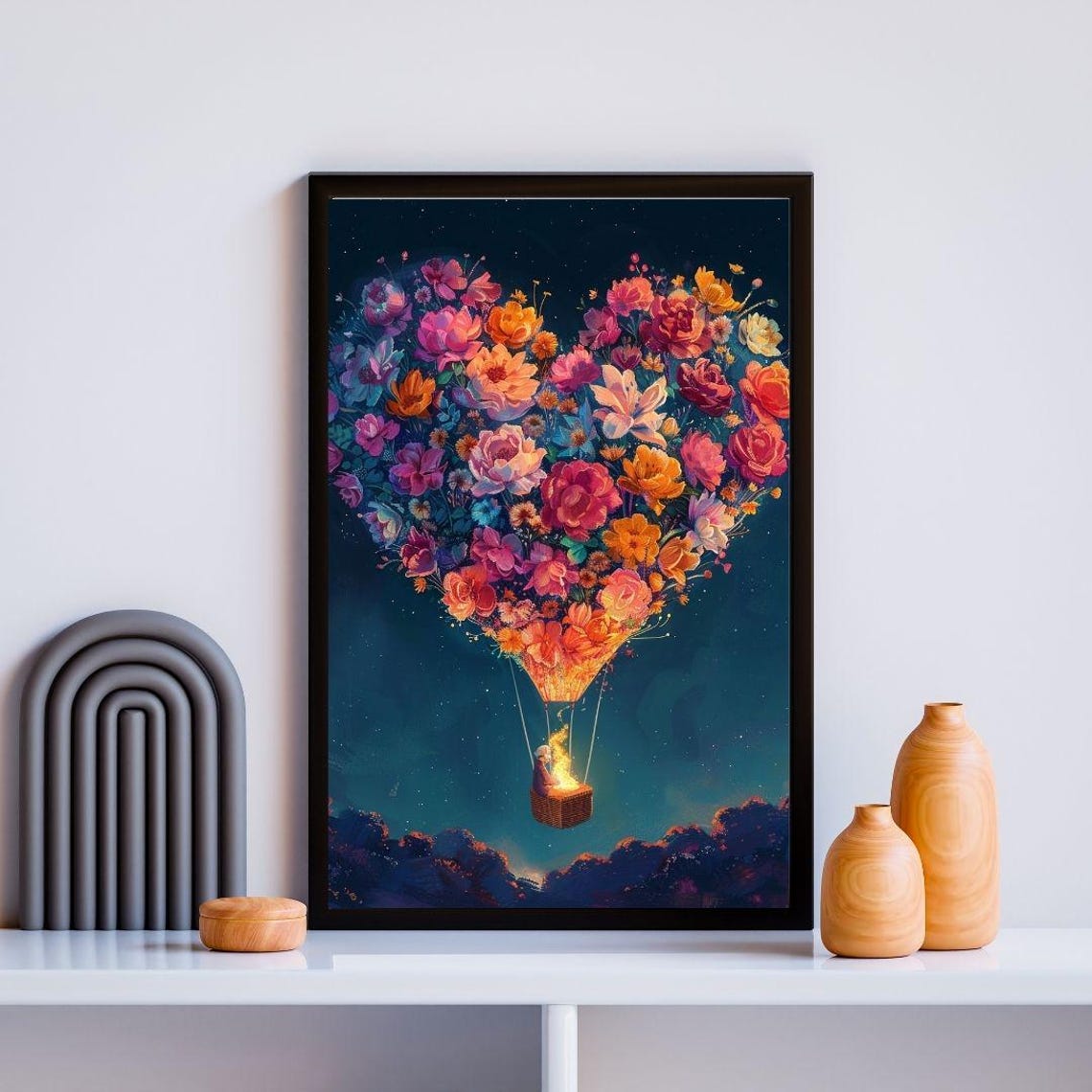 Heart Shaped Floral Hot Air Balloon Romantic Night Sky Art Poster - Image 3