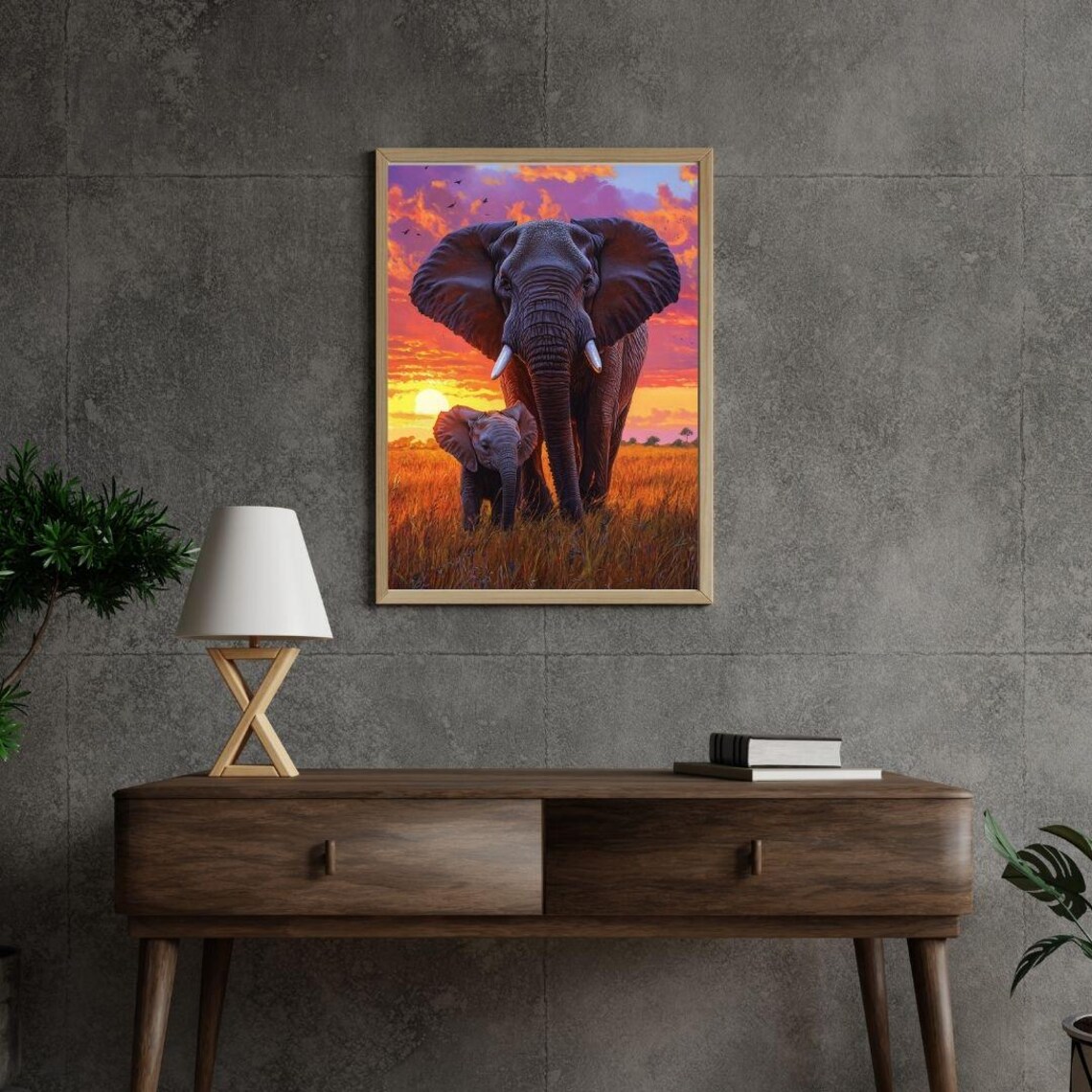 Elephant Mother And Calf Sunset Print African Safari Wildlife Art Poster - Image 2