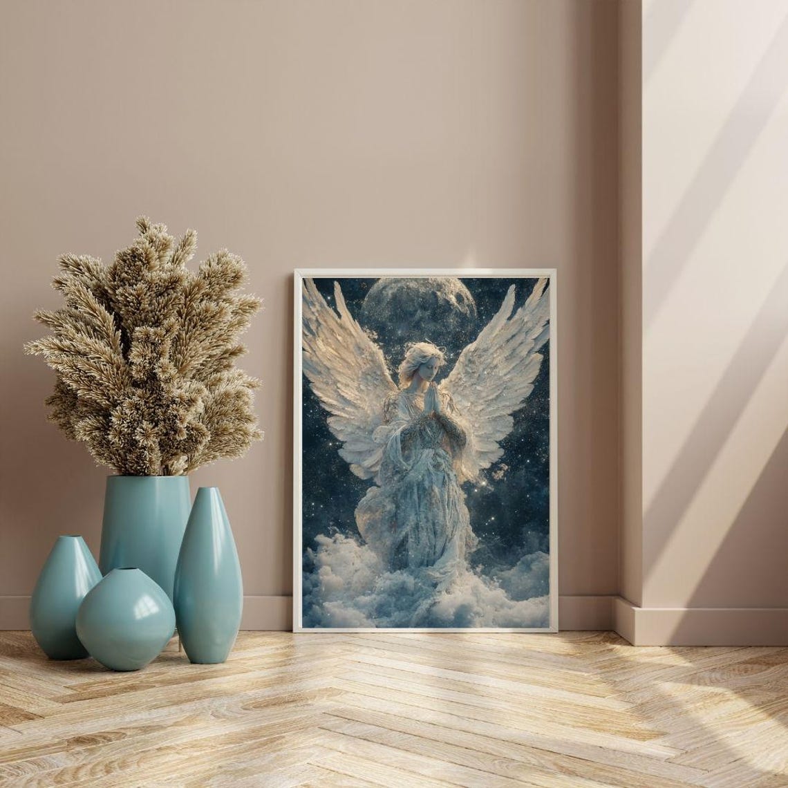 Moonlit Angel Praying Under Full Moon White Wings Celestial Art Poster - Image 2