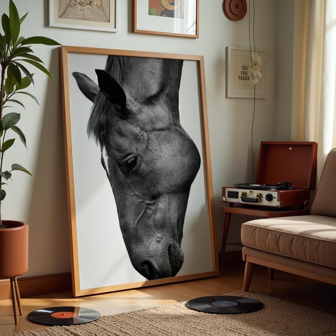 Black White Horse Head Close Up Minimalist Equine Portrait Poster