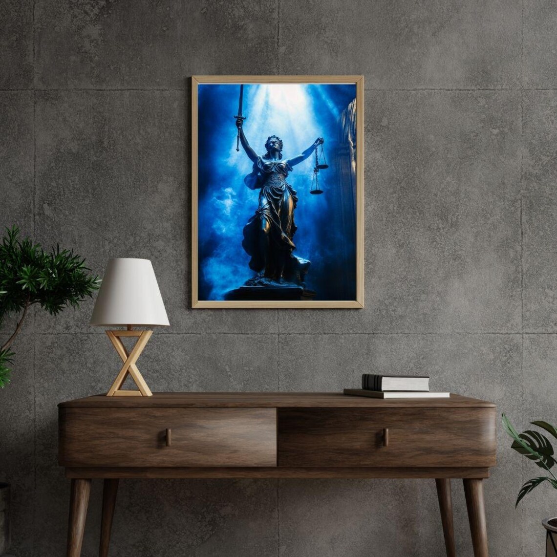 Lady Justice Statue Blue Scales Sword Powerful Legal Dramatic Art Poster - Image 3