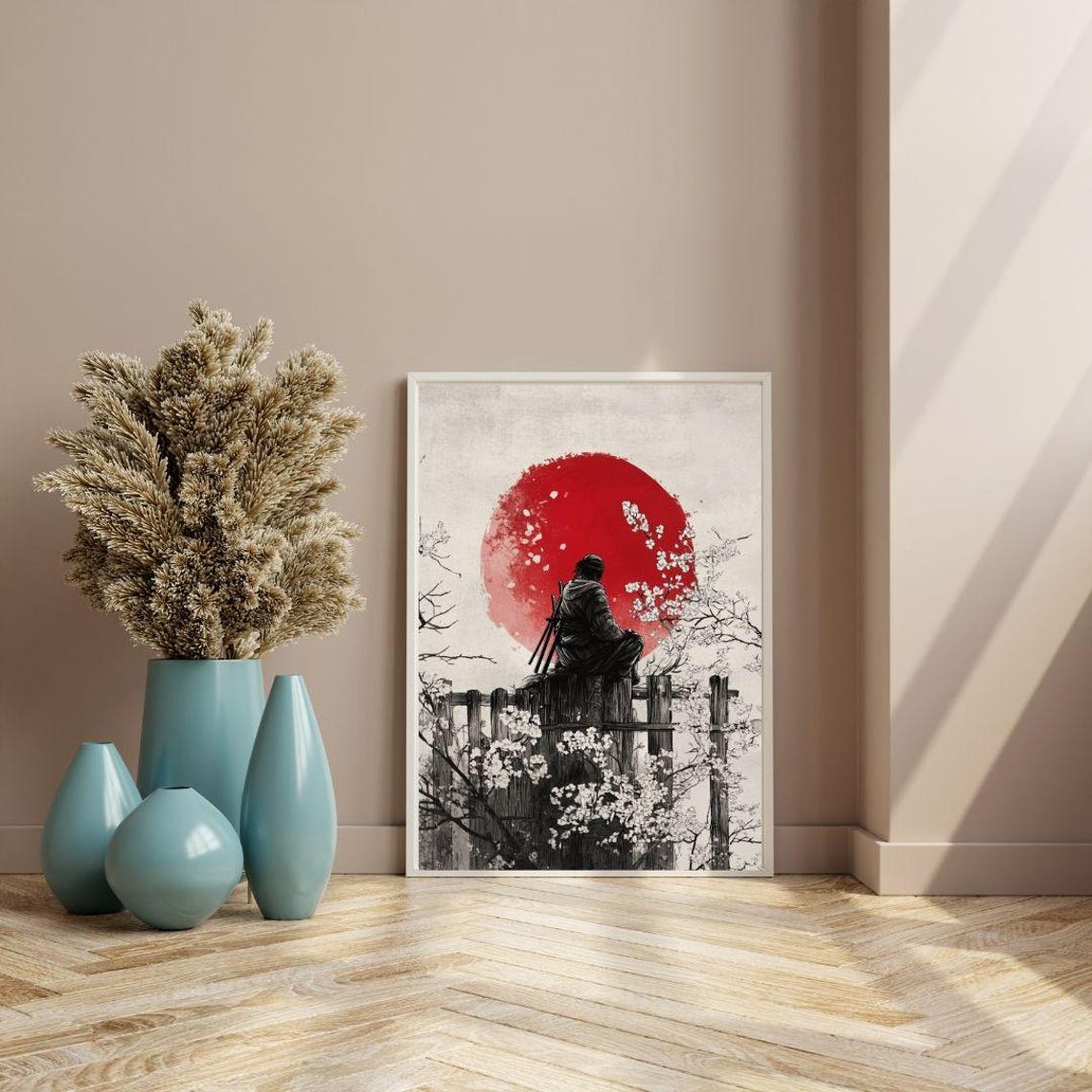 Japanese Samurai Red Sun Cherry Blossom Ink Art Zen Warrior Poster - Image 2