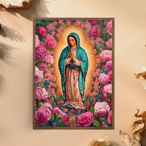 Our Lady Of Guadalupe Art Print Vibrant Religious Icon With Roses Catholic Wall Decor For Spiritual Spaces