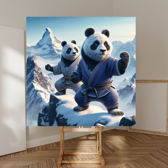 Whimsical Kung Fu Pandas on a Snowy Mountain Peak Fight Poster