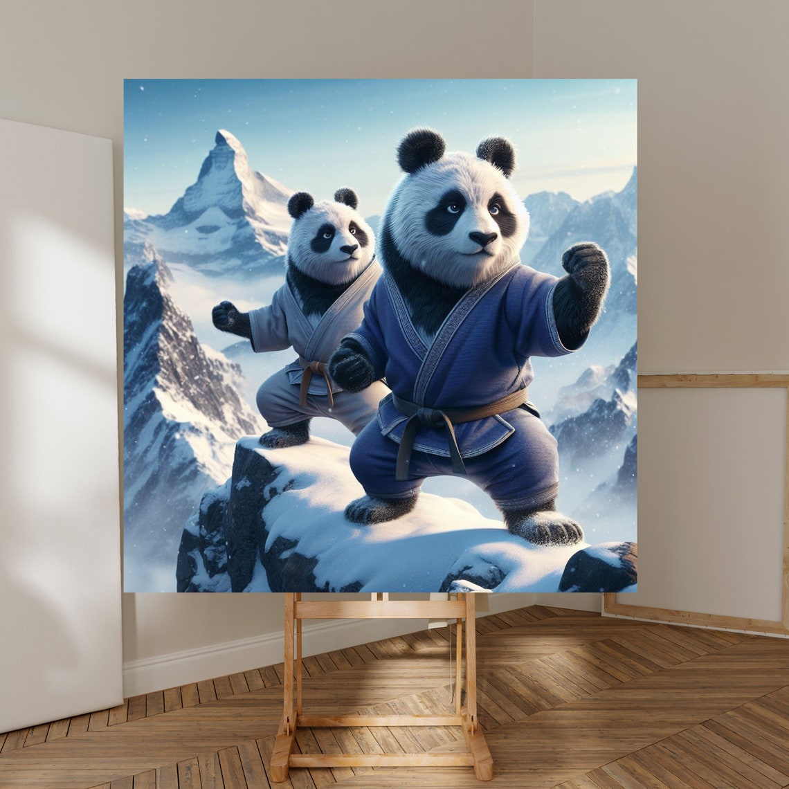 Whimsical Kung Fu Pandas on a Snowy Mountain Peak Fight Poster