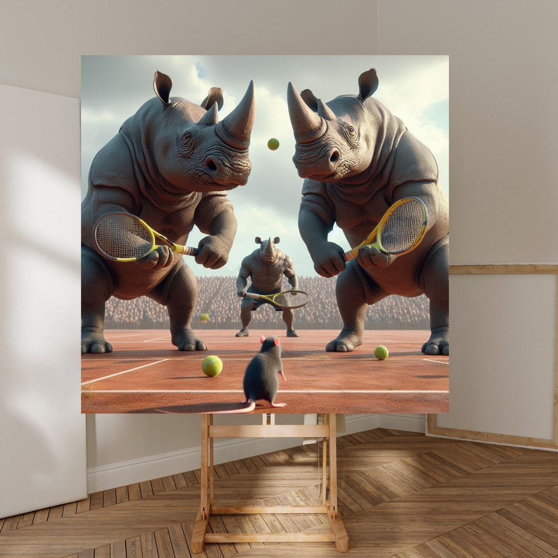 Rhinos Playing Tennis Doubles On A Clay Court Comedy Animal Poster