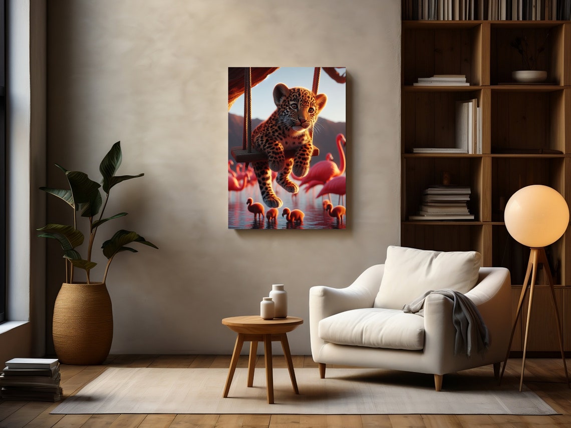 Whimsical Leopard Cub on a Swing Over a Flamingo Lake Sunset Poster - Image 2