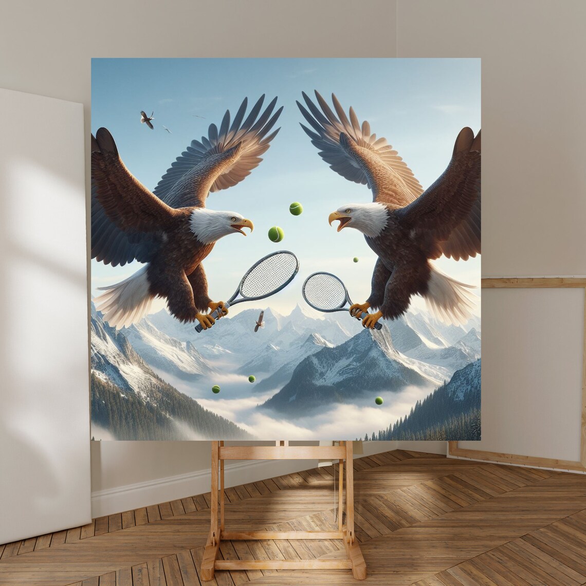 Two Bald Eagles Playing Tennis Above Snowy Mountain Peaks Poster
