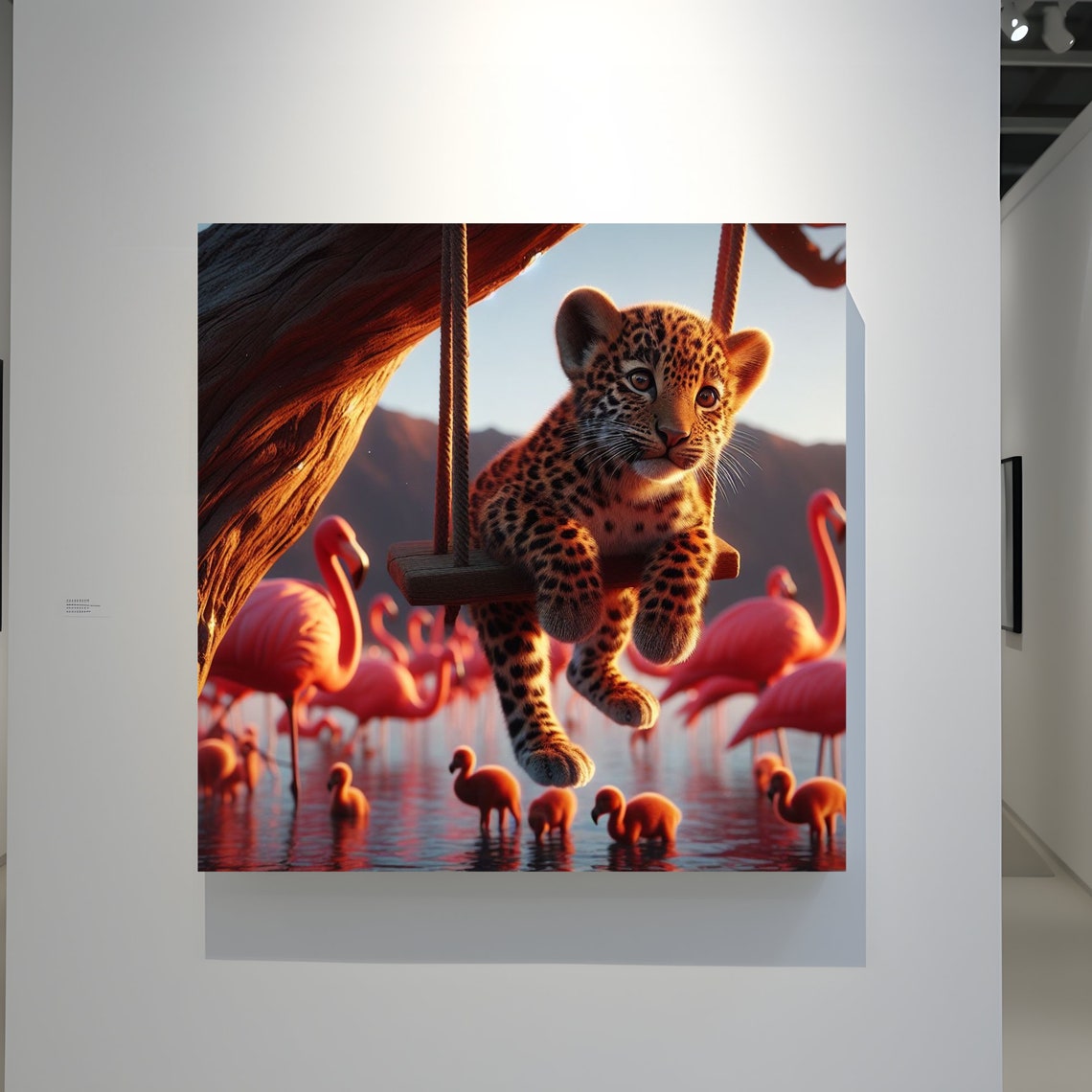 Whimsical Leopard Cub on a Swing Over a Flamingo Lake Sunset Poster - Image 3