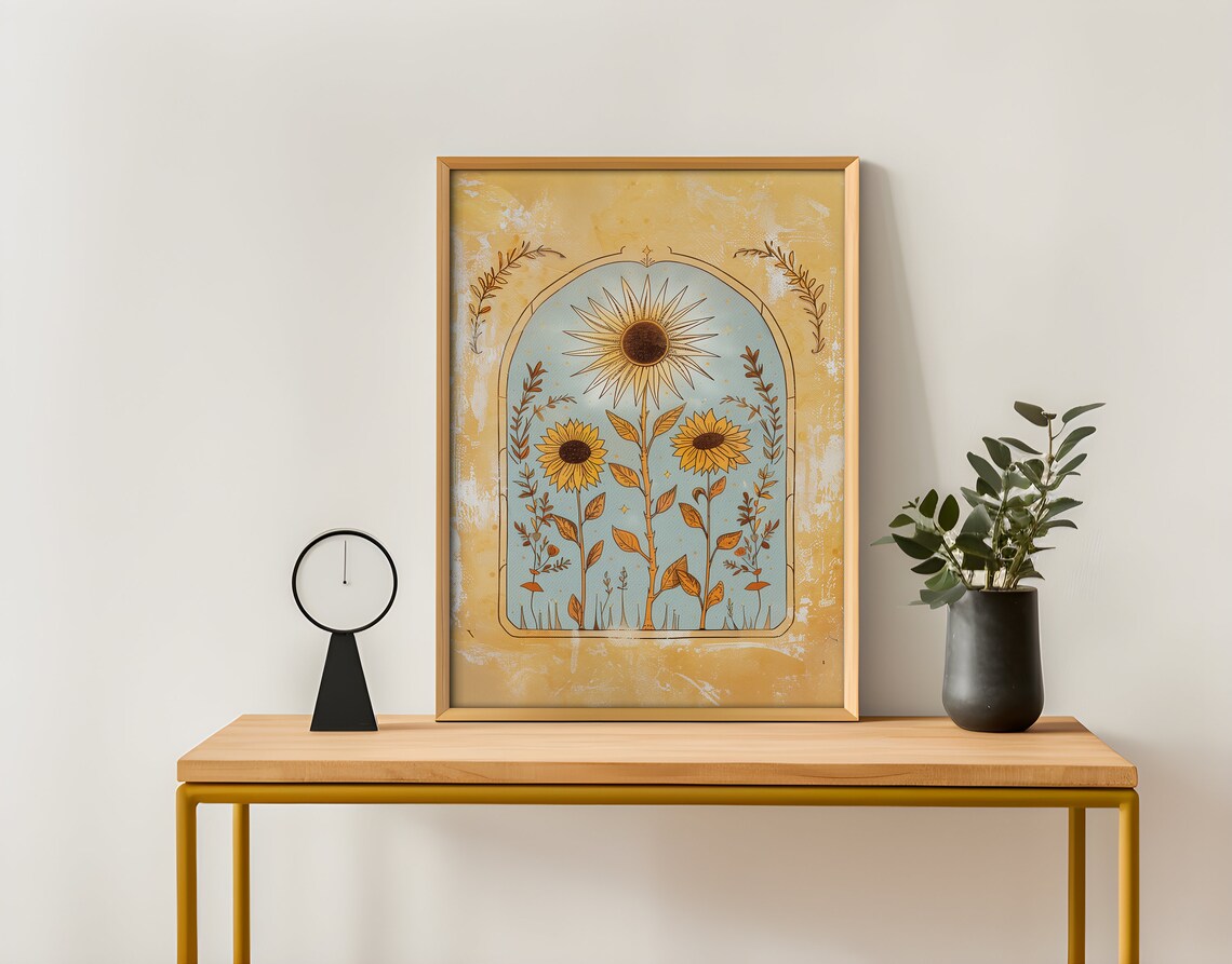 Sunflower Sun Art Poster, Mystical Folk Art Print - Image 2