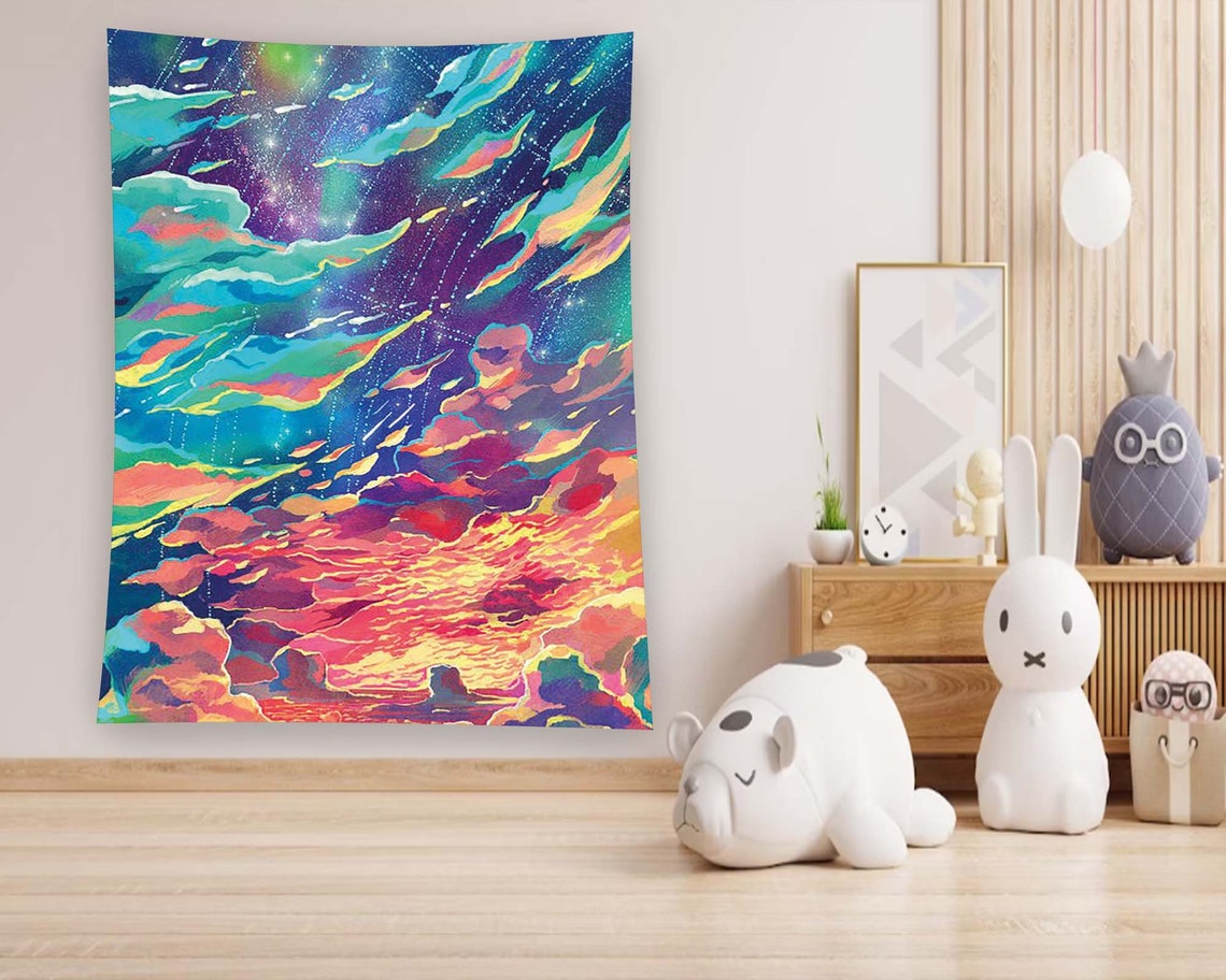Rainbow Colorful Clouds Night Sky Vibrant Psychedelic Tapestry Poster