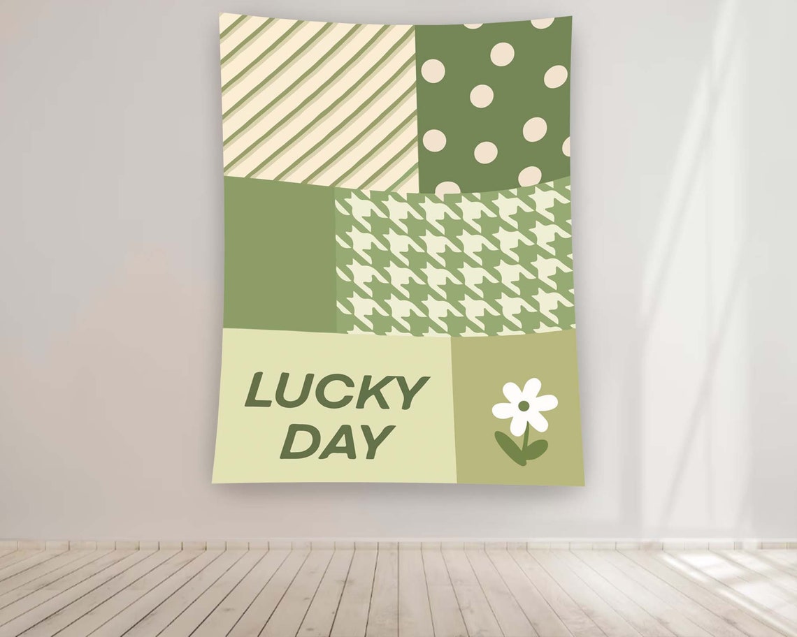Green Patchwork Lucky Day Daisy Geometric Modern Tapestry Poster