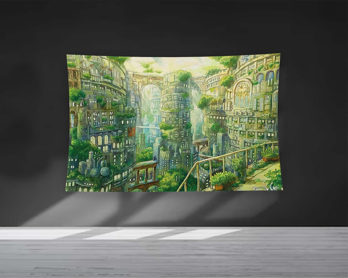 Lush Green Fantasy City Anime Overgrown Buildings Tapestry Wall Art - Image 3