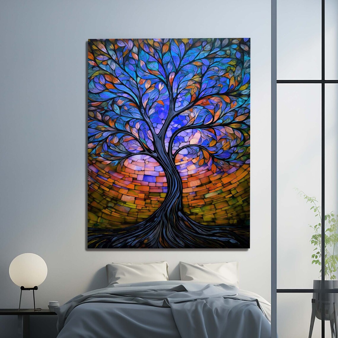Stained Glass Tree of Life Blue Purple Sunset Mosaic Art Poster - Image 3
