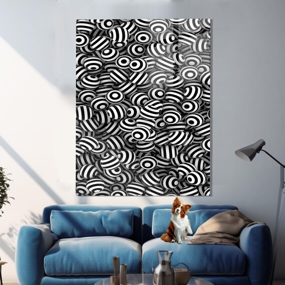 Black White Optical Illusion Striped Spheres 3D Abstract Wall Art