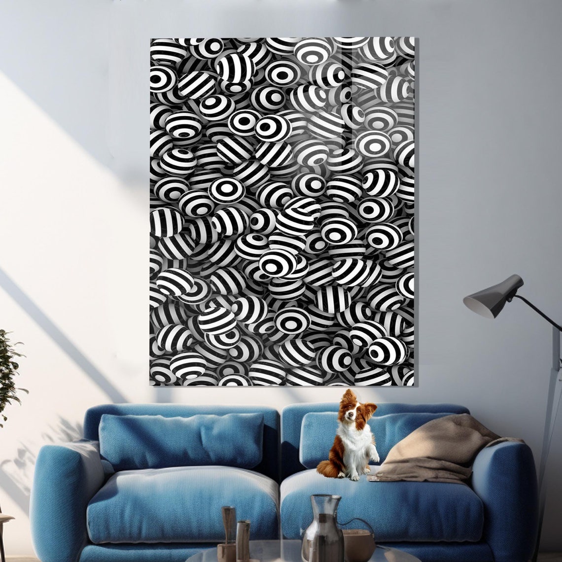 Black White Optical Illusion Striped Spheres 3D Abstract Wall Art